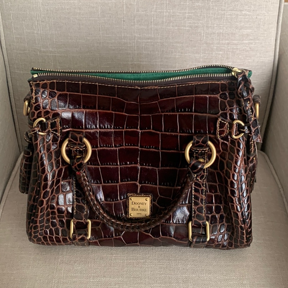 Excellent Condition!!! Dooney and Bourke reptile dark brown bag w/brass hardware